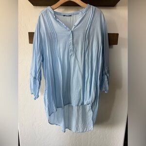 Club Z Collection|Light Blue Women's COTTON Gauze Henley Tunic Top,pastel•Large